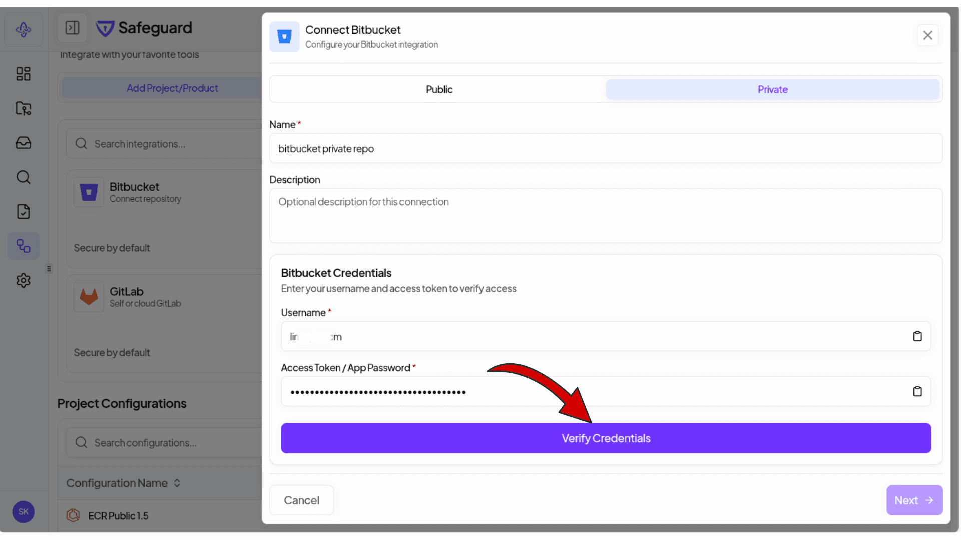 Enter Private Repository Credentials